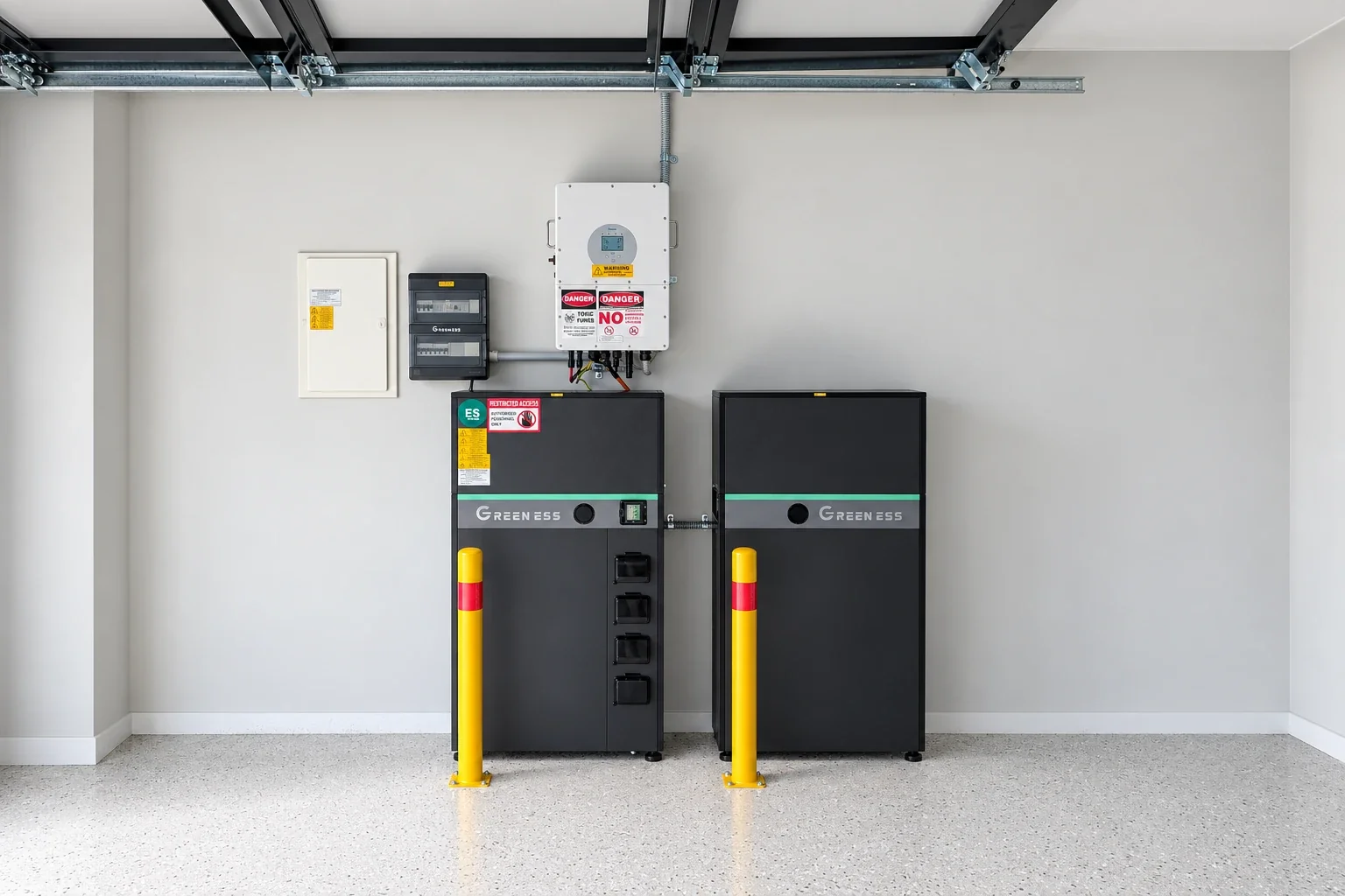 Two home battery cabinets beneath an inverter in a garage