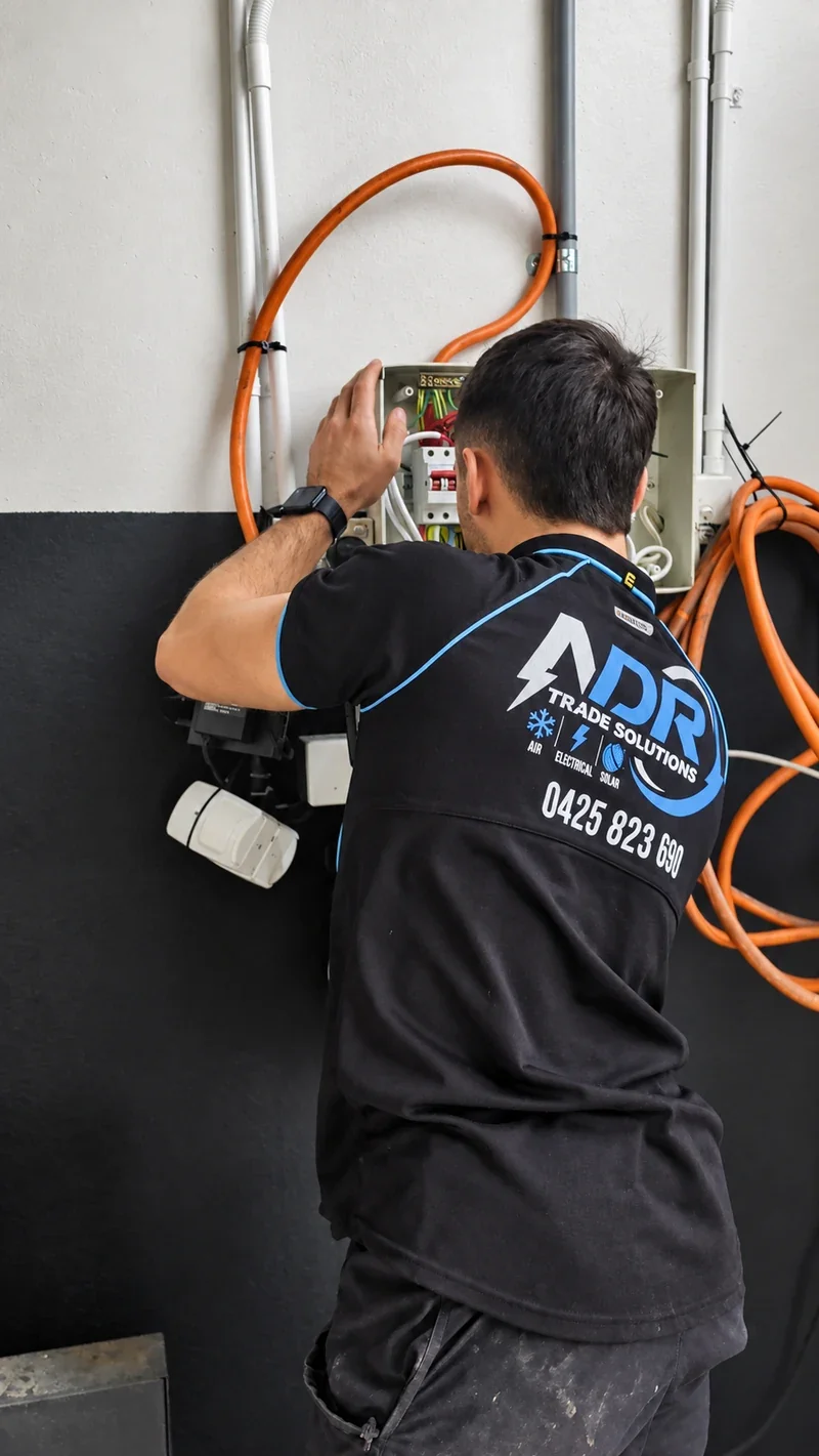 NDR electrician working on a wall-mounted electrical panel
