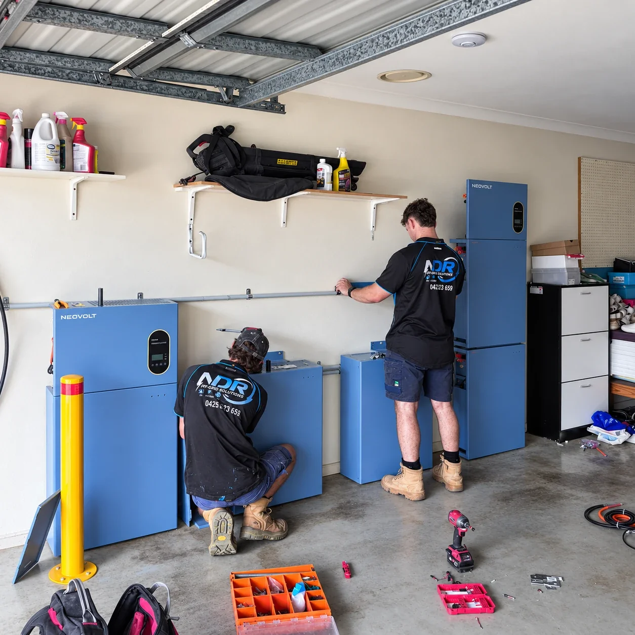 NDR team installing home battery and inverter equipment in a garage